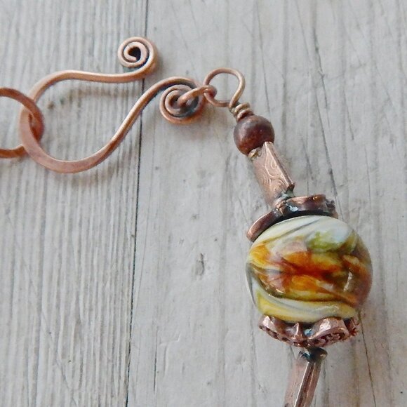 VIKING WEAVE BRACELET - Copper with Lampwork Bead - Maple Leaf Charm - Handmade - Picture 3 of 9